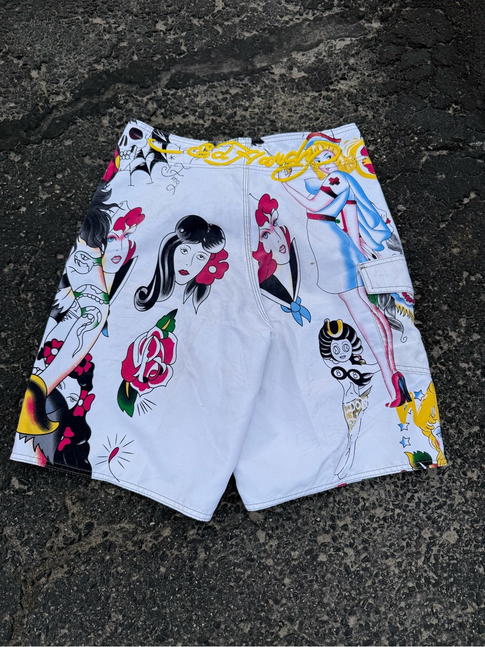 Y2K Ed Hardy Tattoo Art Graphic Board Shorts - White with Multicolor Prints